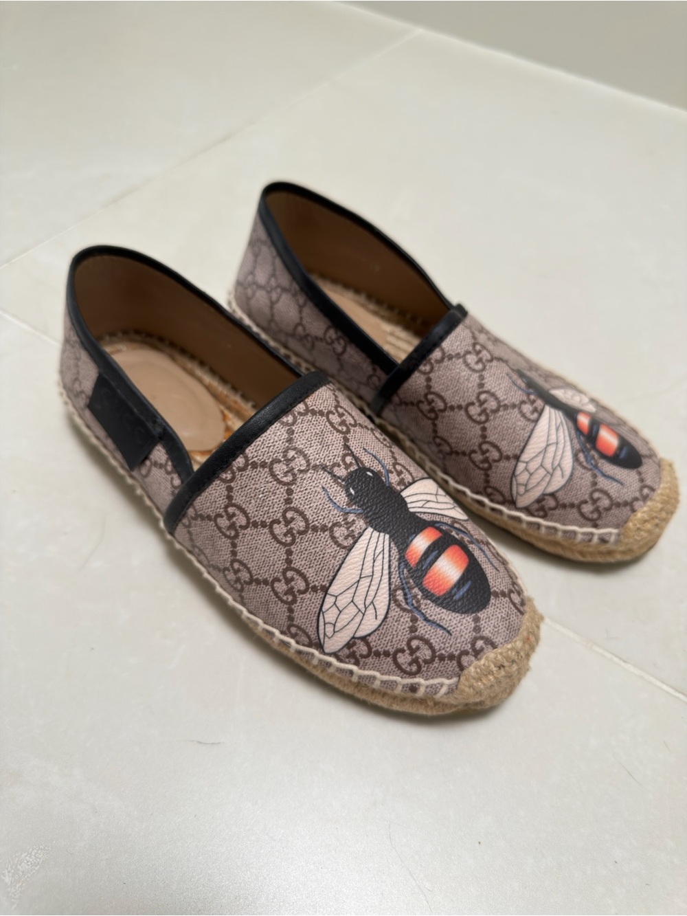 Gucci Monogram Bee Canvas Espadrilles in Beige and Black